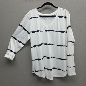 Tobrief Shirt Womens 2XL White Black Striped V Neck Long Sleeve T Shirt Top
